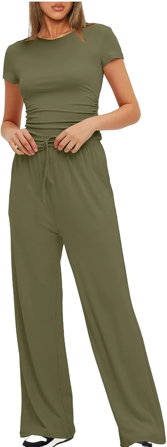 Women's Summer 2 Piece Outfits 2024 Sexy Ruched Slim Fit Short Sleeve Shirt Crop Top Wide Leg Pant Matching Sets