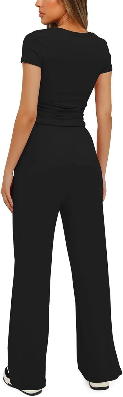 Women's Summer 2 Piece Outfits 2024 Sexy Ruched Slim Fit Short Sleeve Shirt Crop Top Wide Leg Pant Matching Sets