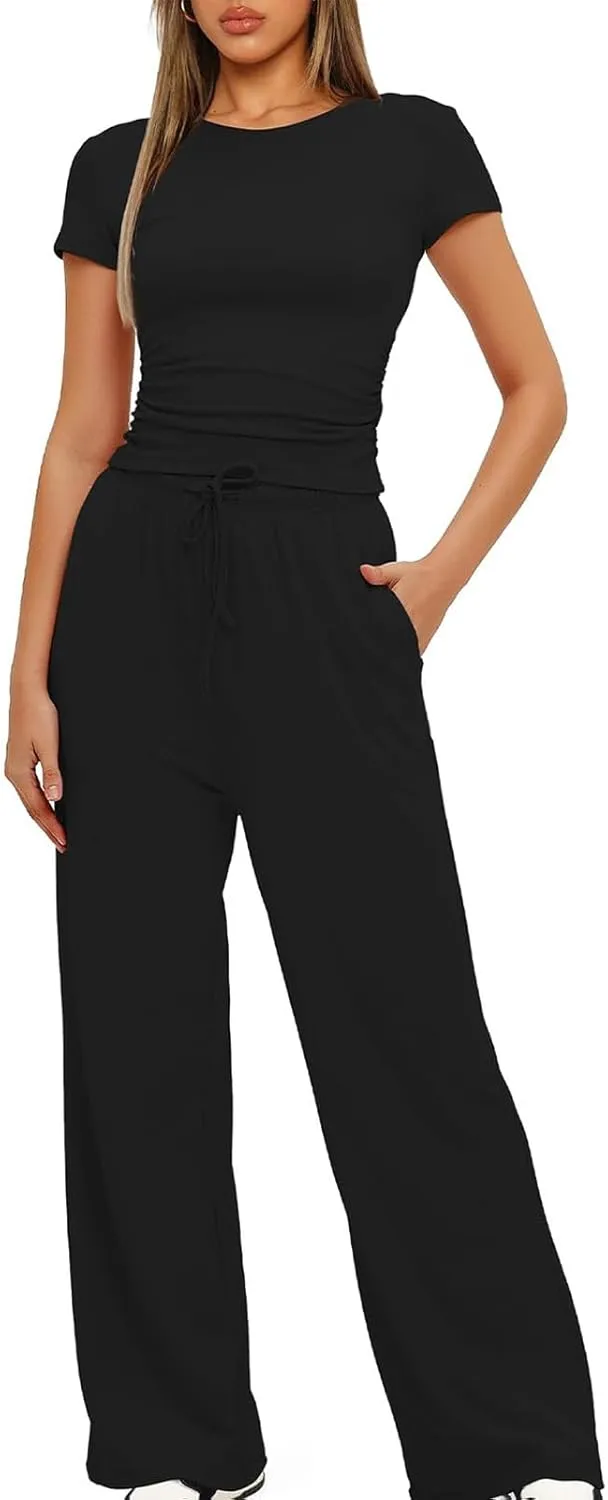 Women's Summer 2 Piece Outfits 2024 Sexy Ruched Slim Fit Short Sleeve Shirt Crop Top Wide Leg Pant Matching Sets