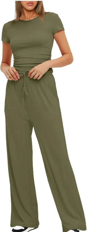 Women's Summer 2 Piece Outfits 2024 Sexy Ruched Slim Fit Short Sleeve Shirt Crop Top Wide Leg Pant Matching Sets