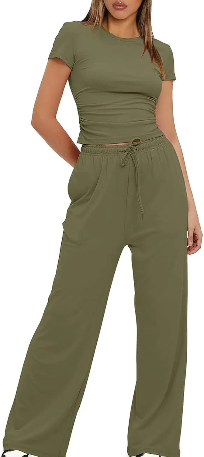 Women's Summer 2 Piece Outfits 2024 Sexy Ruched Slim Fit Short Sleeve Shirt Crop Top Wide Leg Pant Matching Sets