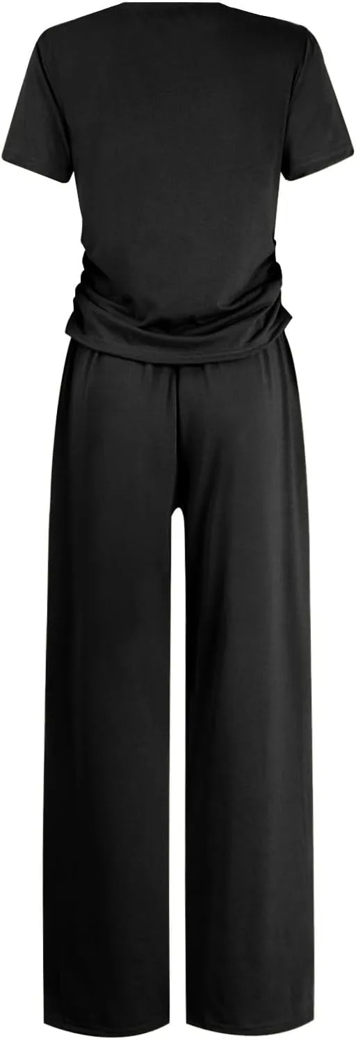 Women's Summer 2 Piece Outfits 2024 Sexy Ruched Slim Fit Short Sleeve Shirt Crop Top Wide Leg Pant Matching Sets