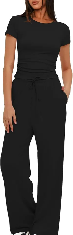 Women's Summer 2 Piece Outfits 2024 Sexy Ruched Slim Fit Short Sleeve Shirt Crop Top Wide Leg Pant Matching Sets