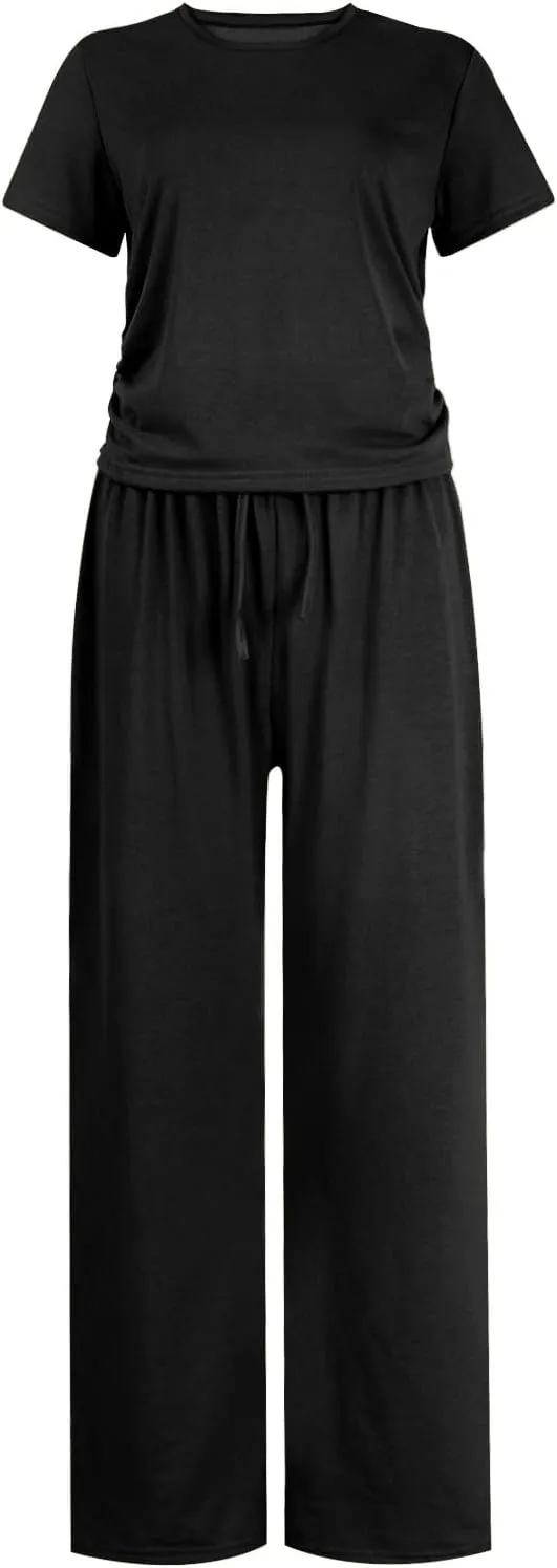 Women's Summer 2 Piece Outfits 2024 Sexy Ruched Slim Fit Short Sleeve Shirt Crop Top Wide Leg Pant Matching Sets