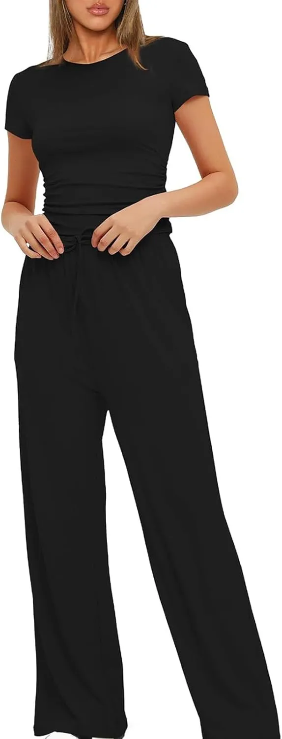 Women's Summer 2 Piece Outfits 2024 Sexy Ruched Slim Fit Short Sleeve Shirt Crop Top Wide Leg Pant Matching Sets