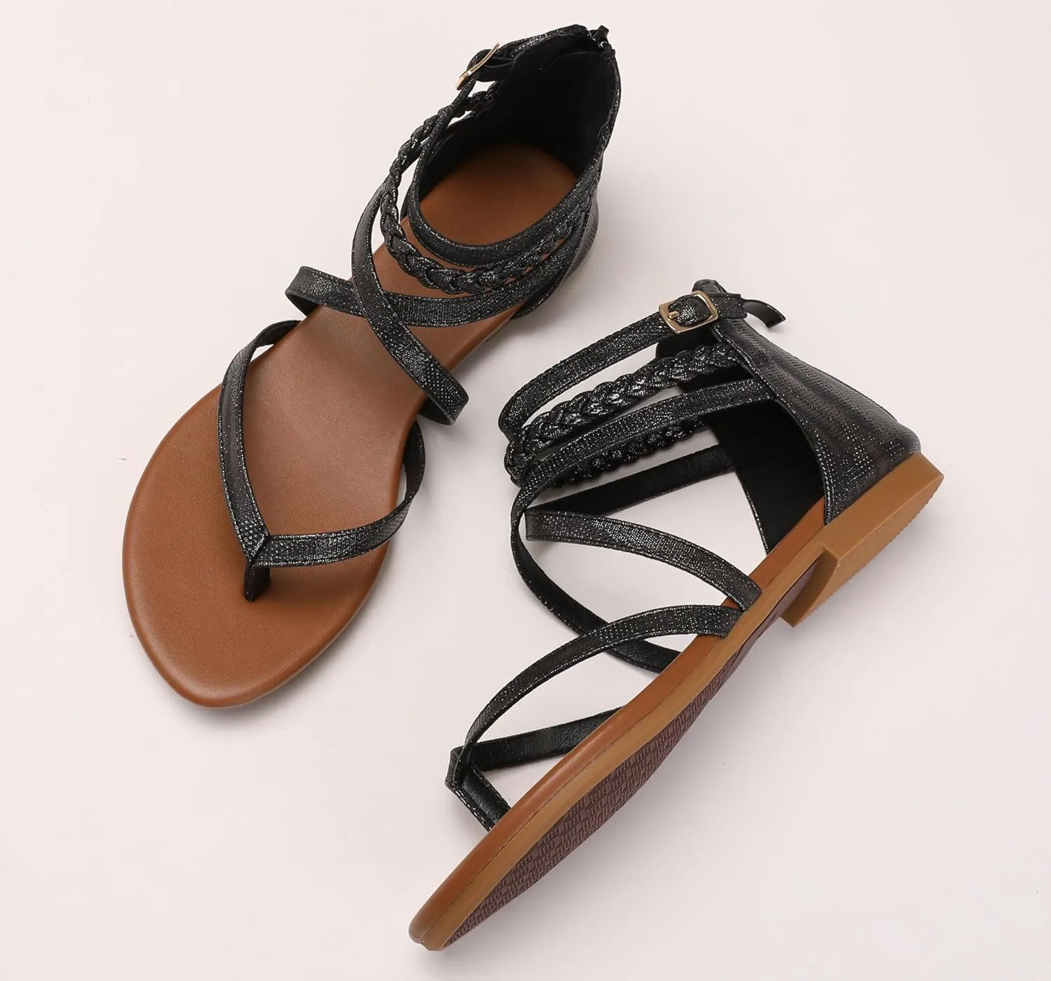 Women's Summer Strappy Flat Sandals Casual Gladiator Shoes Open Toe Sparkly Crossover Straps Dressy Fisherman Thong Sandals for Walking Beach Vacation