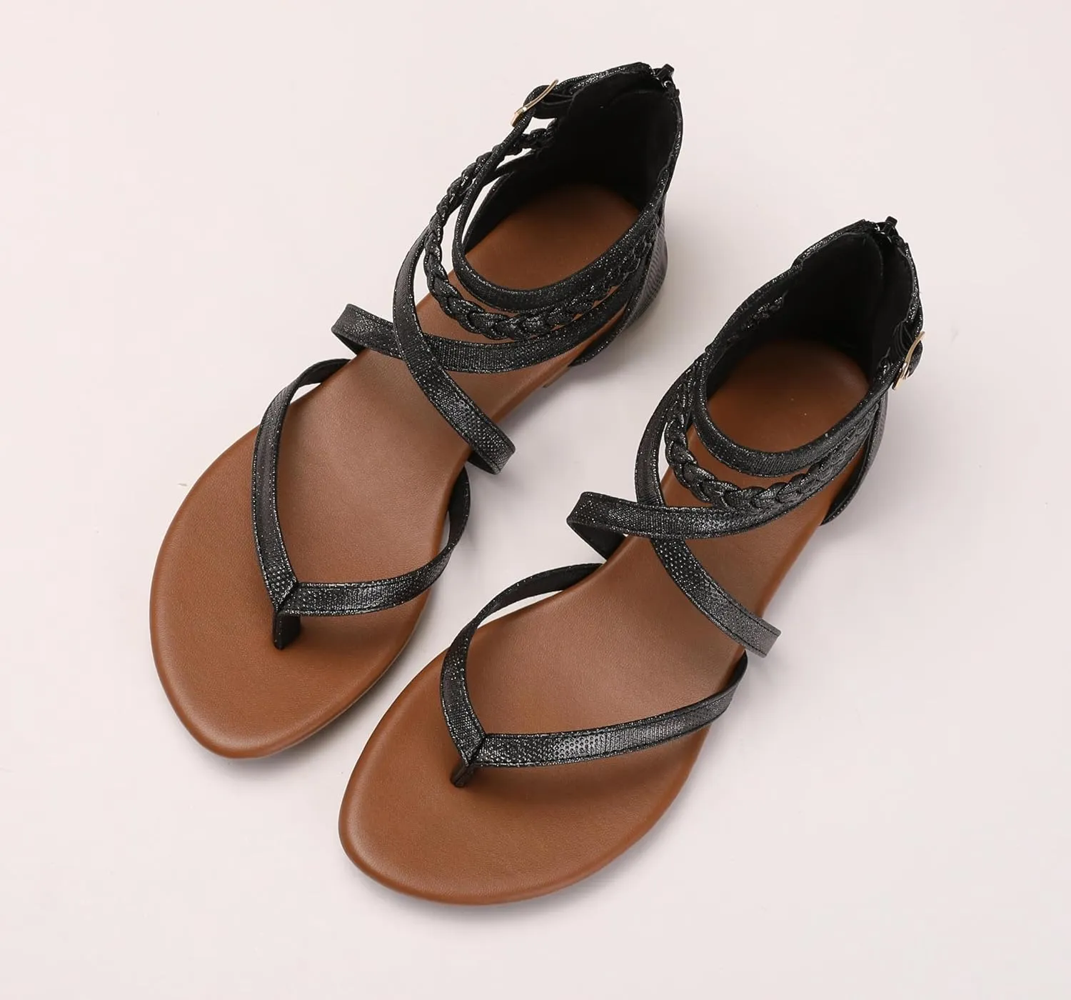 Women's Summer Strappy Flat Sandals Casual Gladiator Shoes Open Toe Sparkly Crossover Straps Dressy Fisherman Thong Sandals for Walking Beach Vacation