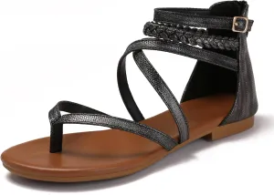 Women's Summer Strappy Flat Sandals Casual Gladiator Shoes Open Toe Sparkly Crossover Straps Dressy Fisherman Thong Sandals for Walking Beach Vacation