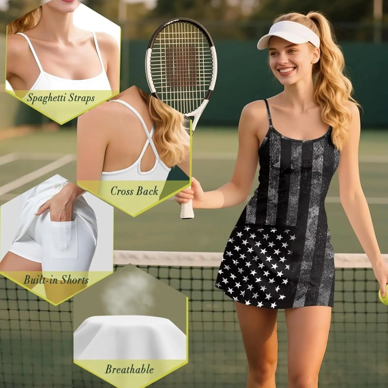 Womens Tennis Dress Golf Workout Dress with Built-in Shorts Pockets Athletic Dresses