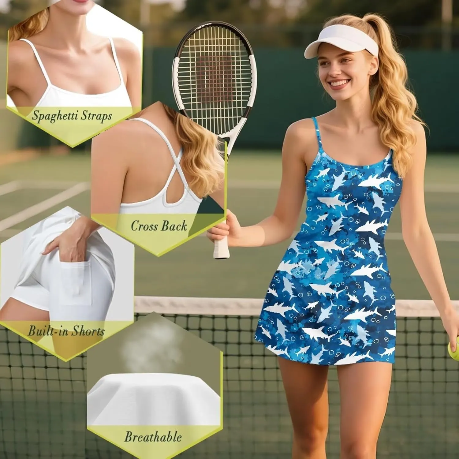 Womens Tennis Dress Golf Workout Dress with Built-in Shorts Pockets Athletic Dresses