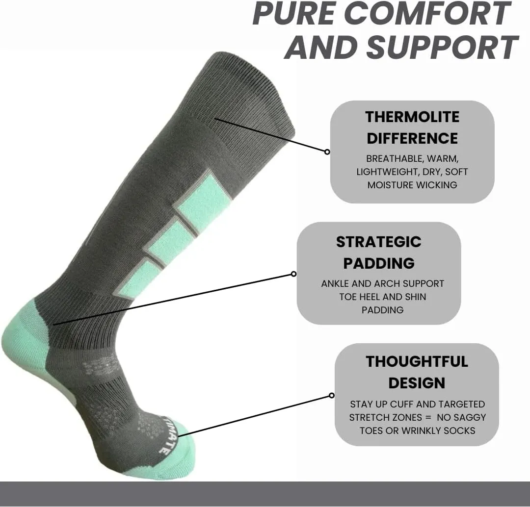Womens Thermolite Ski Snowboard Socks - Girls Performance Material with Cushioning Support Stretch Padding Breathable Warm -