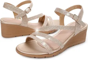 Women's Wedge Sandals Dressy, Comfortable Strappy Low Wedges Womens Open Toe Sandal for Summer
