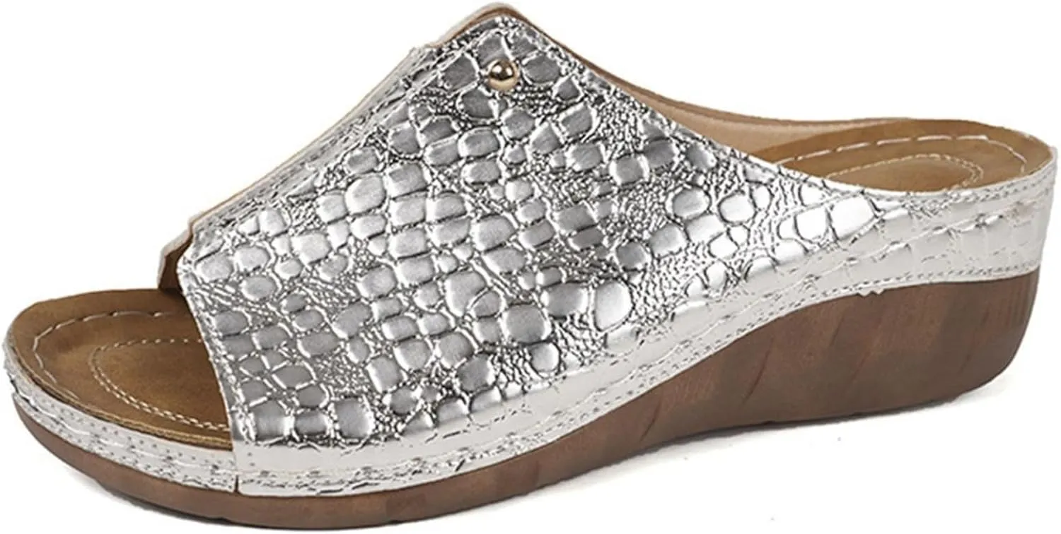 Womens Wedge Sandals Dressy Summer Casual Slip On Walking Shoes Pu Leather Rubber Sole Comfortable Low Heels Slides