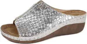Womens Wedge Sandals Dressy Summer Casual Slip On Walking Shoes Pu Leather Rubber Sole Comfortable Low Heels Slides