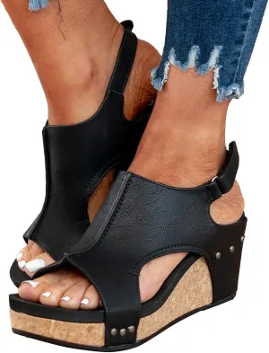 Womenyiaor Wedge Sandals for Women, Espadrilles Wedges for Women Buckle Ankle Strap Open Toe Sandals Platform Sandals for Women Dressy Summer Ladies Sandals Casual Wedge Heels Sandals (A-Black, 7.5)