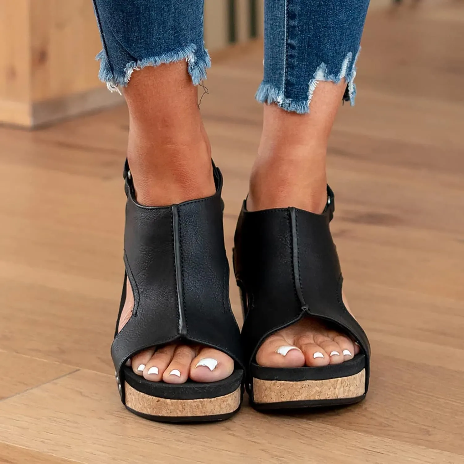 Womenyiaor Wedge Sandals for Women, Espadrilles Wedges for Women Buckle Ankle Strap Open Toe Sandals Platform Sandals for Women Dressy Summer Ladies Sandals Casual Wedge Heels Sandals (A-Black, 7.5)
