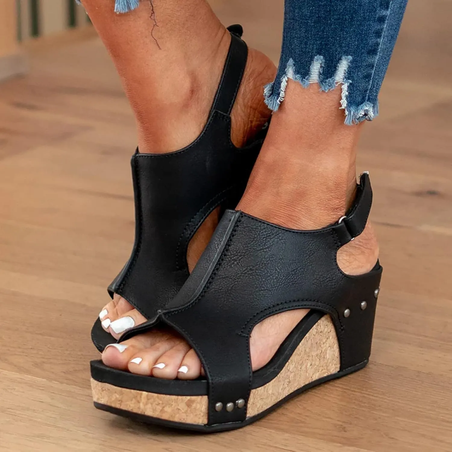 Womenyiaor Wedge Sandals for Women, Espadrilles Wedges for Women Buckle Ankle Strap Open Toe Sandals Platform Sandals for Women Dressy Summer Ladies Sandals Casual Wedge Heels Sandals (A-Black, 7.5)