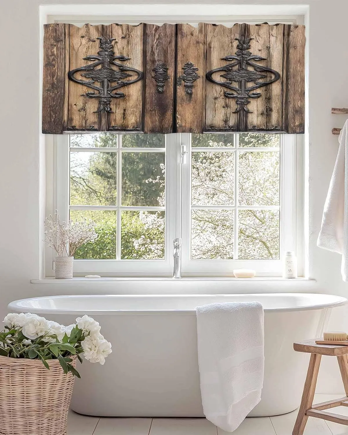 Wooden Plank Valances for Windows, Short Kitchen Curtains Drapes, Rustic Farmhouse Brown Black Barn Door Window Treatment Curtain Toppers Valance for Bedroom/Living Room/Bathroom 60"x18"