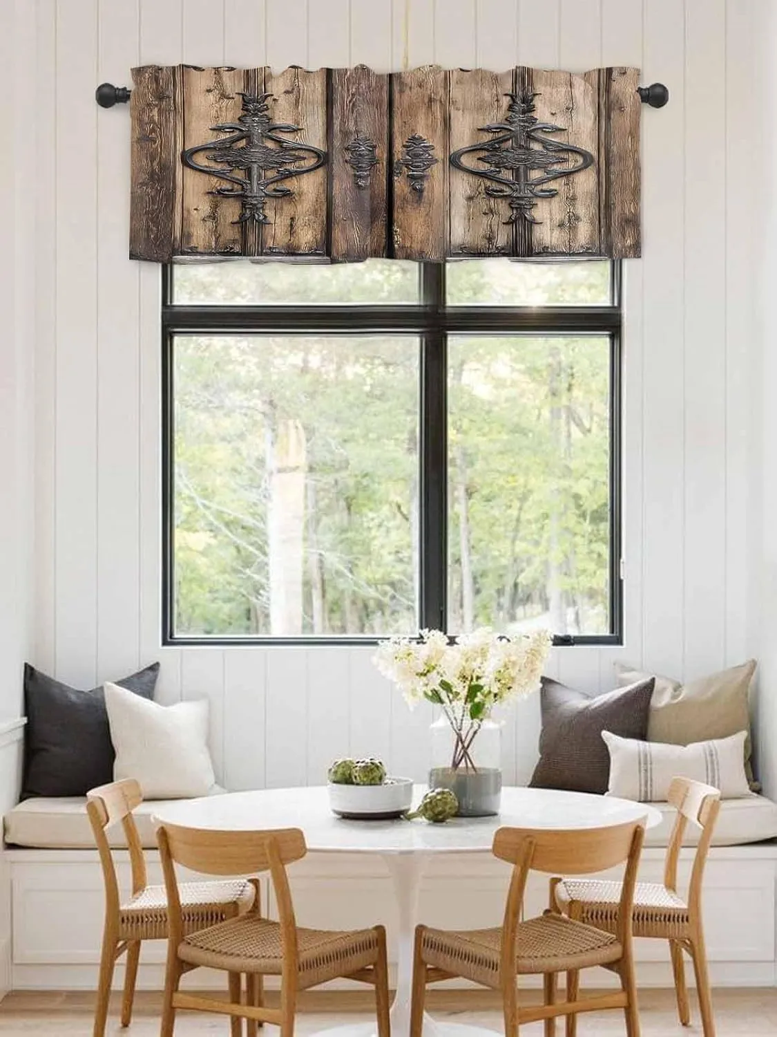 Wooden Plank Valances for Windows, Short Kitchen Curtains Drapes, Rustic Farmhouse Brown Black Barn Door Window Treatment Curtain Toppers Valance for Bedroom/Living Room/Bathroom 60"x18"