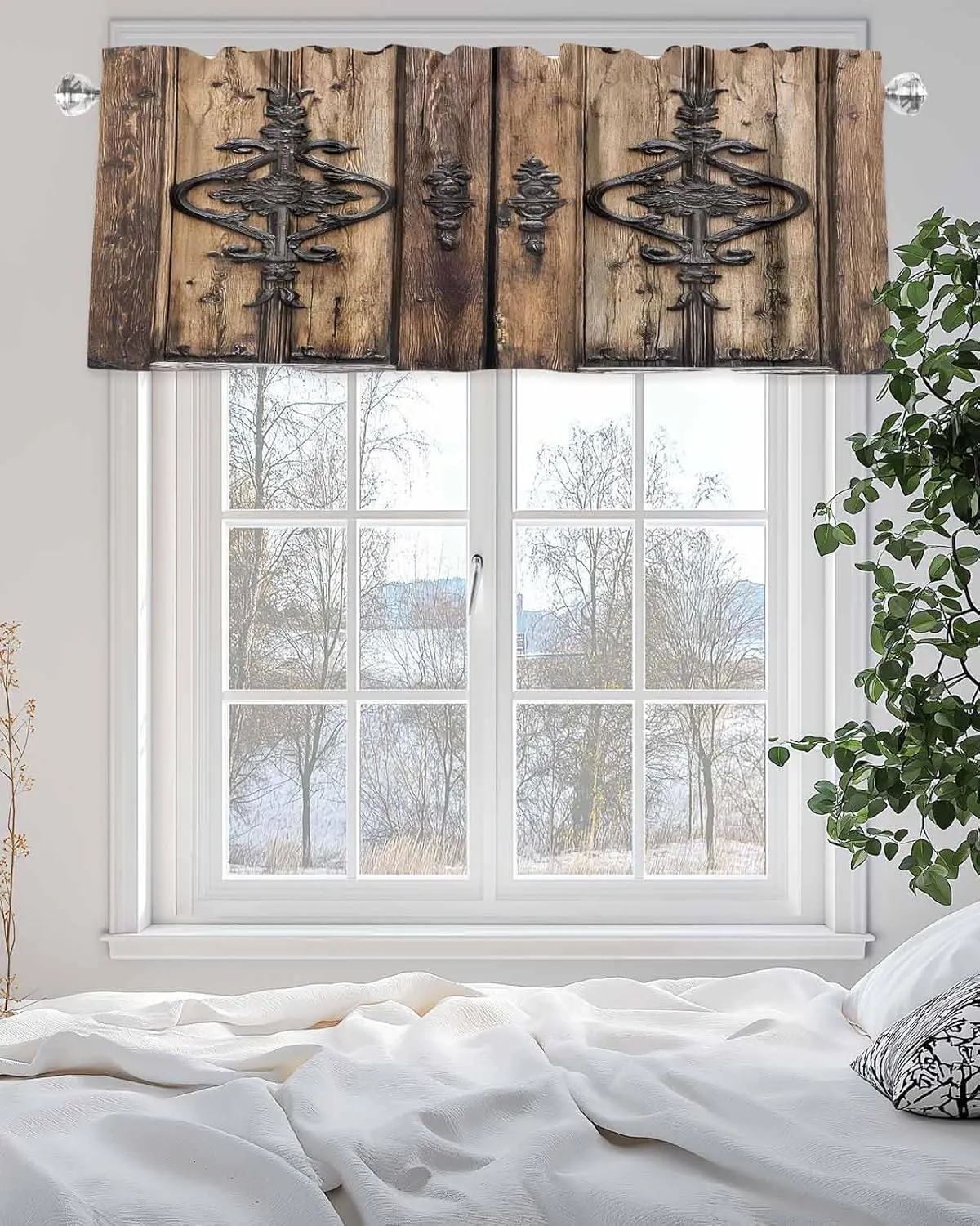 Wooden Plank Valances for Windows, Short Kitchen Curtains Drapes, Rustic Farmhouse Brown Black Barn Door Window Treatment Curtain Toppers Valance for Bedroom/Living Room/Bathroom 60"x18"