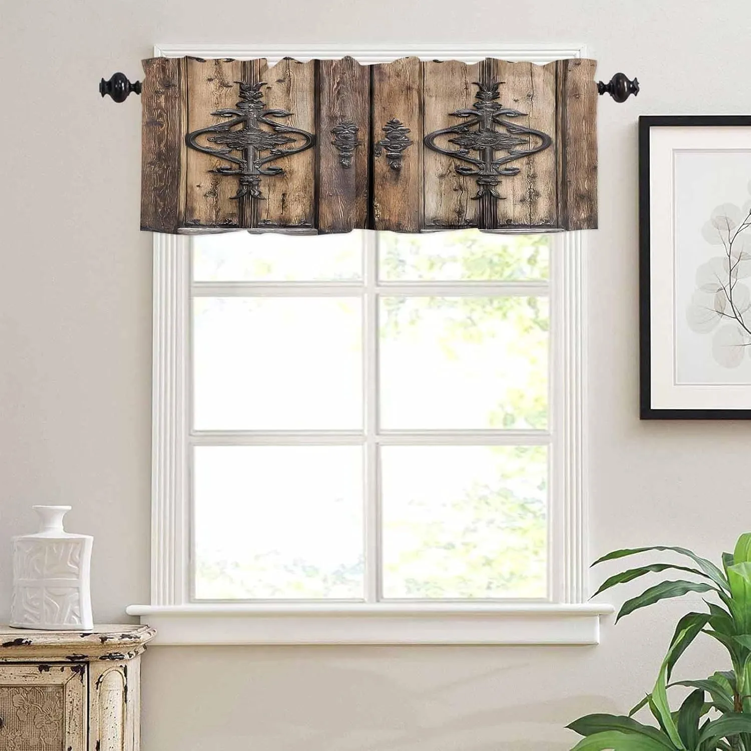 Wooden Plank Valances for Windows, Short Kitchen Curtains Drapes, Rustic Farmhouse Brown Black Barn Door Window Treatment Curtain Toppers Valance for Bedroom/Living Room/Bathroom 60"x18"