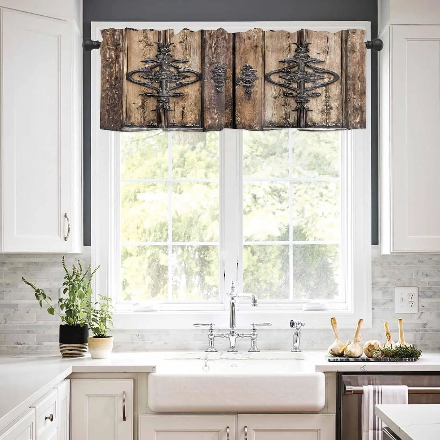 Wooden Plank Valances for Windows, Short Kitchen Curtains Drapes, Rustic Farmhouse Brown Black Barn Door Window Treatment Curtain Toppers Valance for Bedroom/Living Room/Bathroom 60"x18"