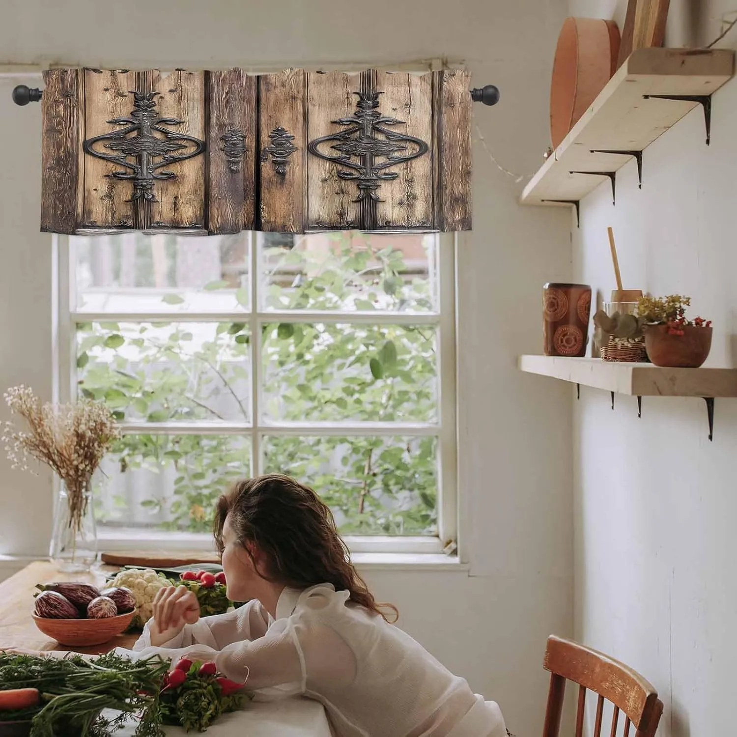Wooden Plank Valances for Windows, Short Kitchen Curtains Drapes, Rustic Farmhouse Brown Black Barn Door Window Treatment Curtain Toppers Valance for Bedroom/Living Room/Bathroom 60"x18"