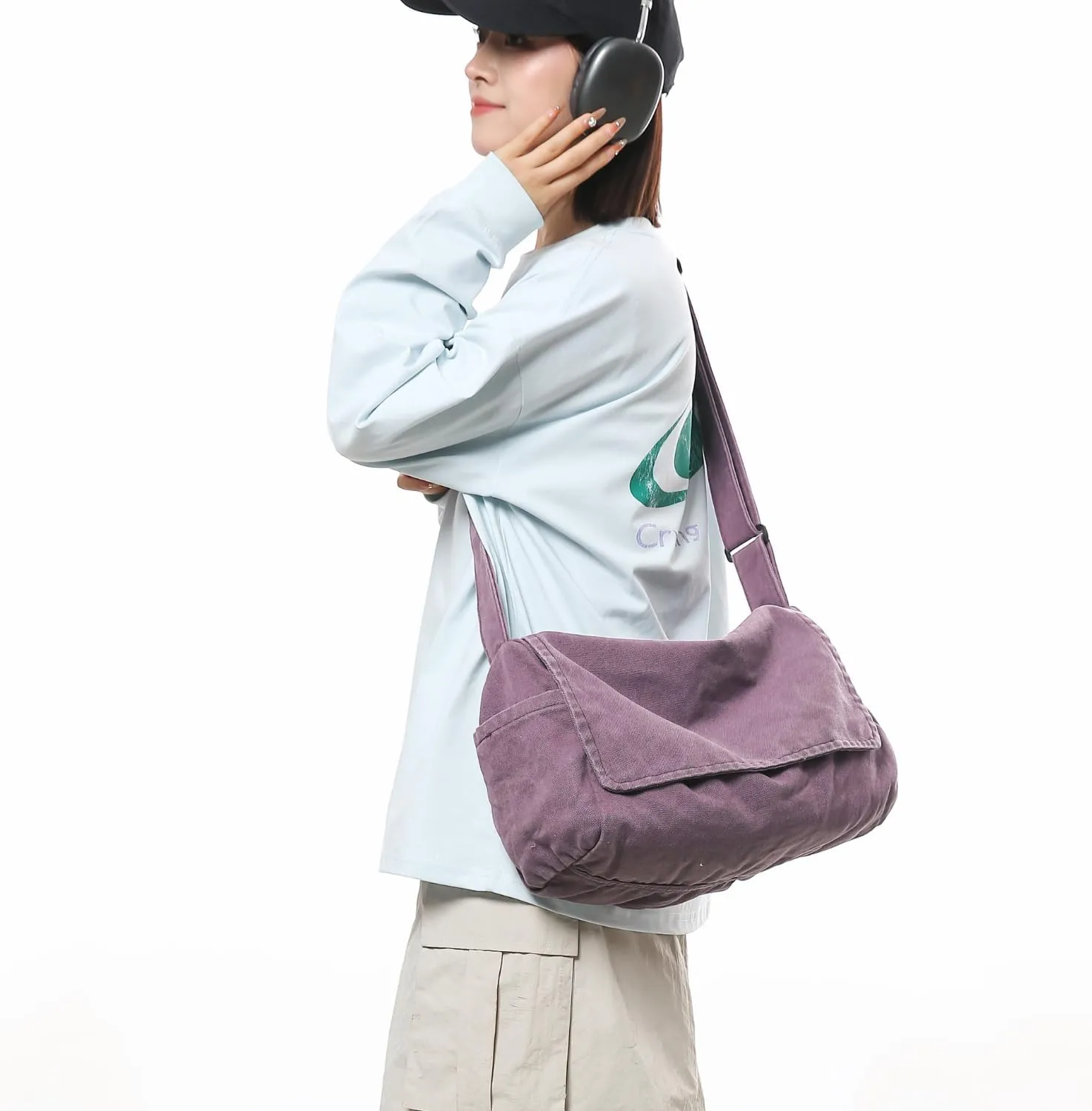 Wxnow Large Canvas Hobo Bag for Men and Women Airy Retro Design Quick-Access Pockets Perfect for Errands/Weekend Trips (Purple)