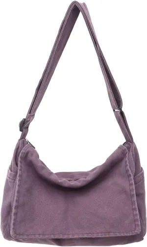 Wxnow Large Canvas Hobo Bag for Men and Women Airy Retro Design Quick-Access Pockets Perfect for Errands/Weekend Trips (Purple)