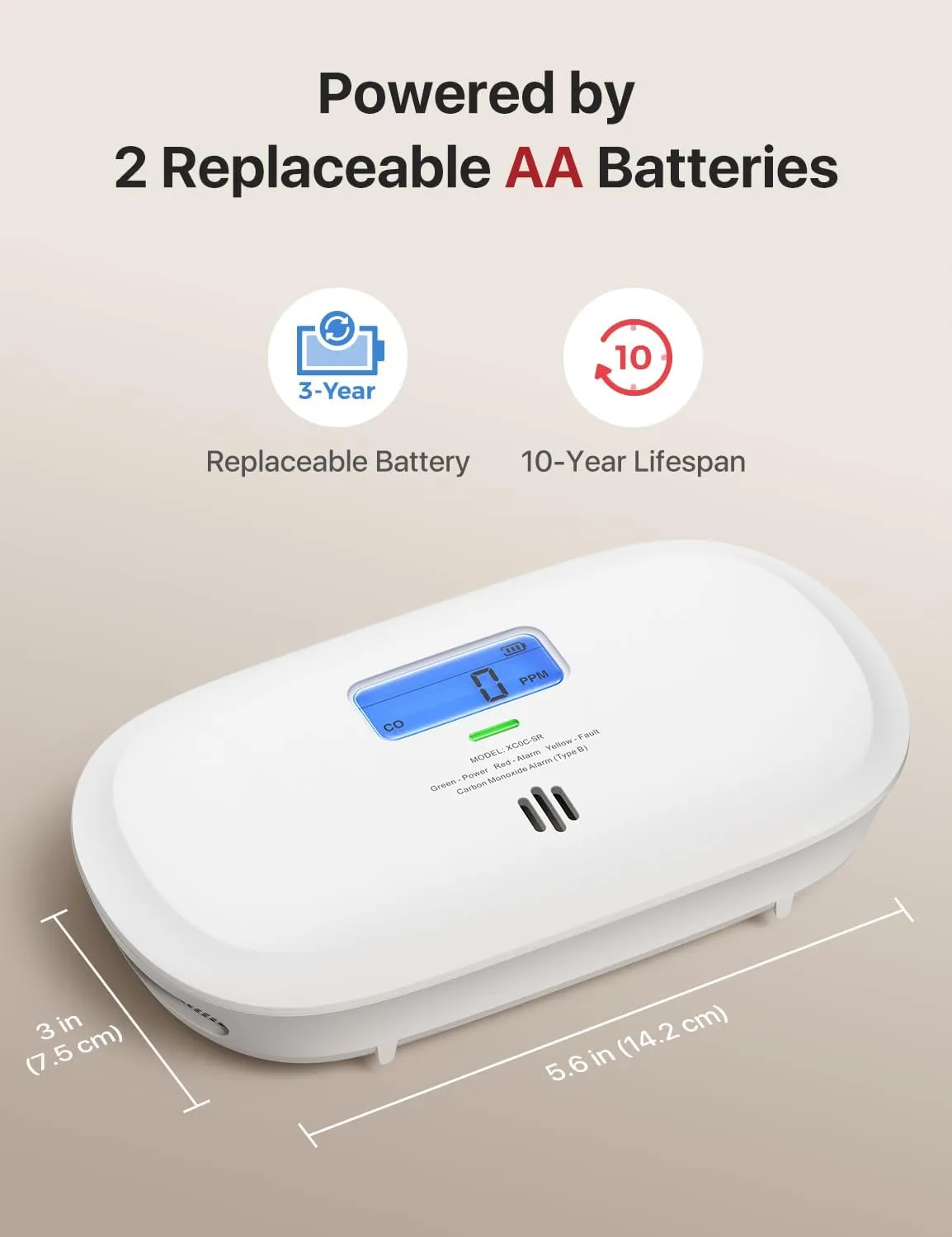 X-Sense Carbon Monoxide Detector, Replaceable Battery Powered CO Alarm with Digital Display, Portable Carbon Monoxide Detector for Travel, XC0C-SR, 1-Pack