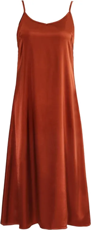 Xintianji Women's Basic Satin Silky Full Slip Midi Loose Dress with V-Neck Sexy Cami Adjustable Strap Wear Nightgown Dresses
