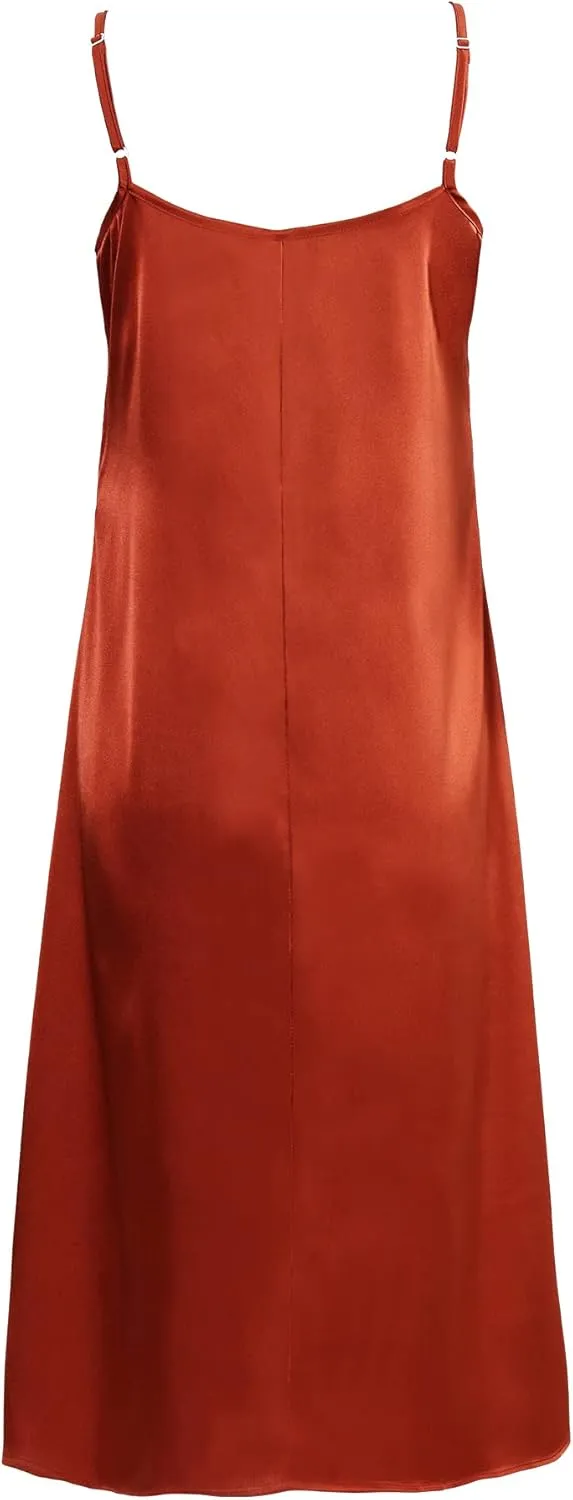 Xintianji Women's Basic Satin Silky Full Slip Midi Loose Dress with V-Neck Sexy Cami Adjustable Strap Wear Nightgown Dresses