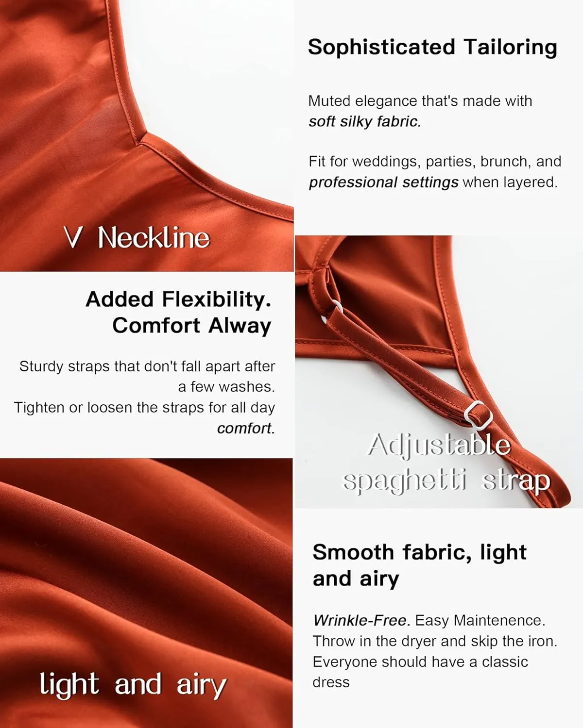 Xintianji Women's Basic Satin Silky Full Slip Midi Loose Dress with V-Neck Sexy Cami Adjustable Strap Wear Nightgown Dresses