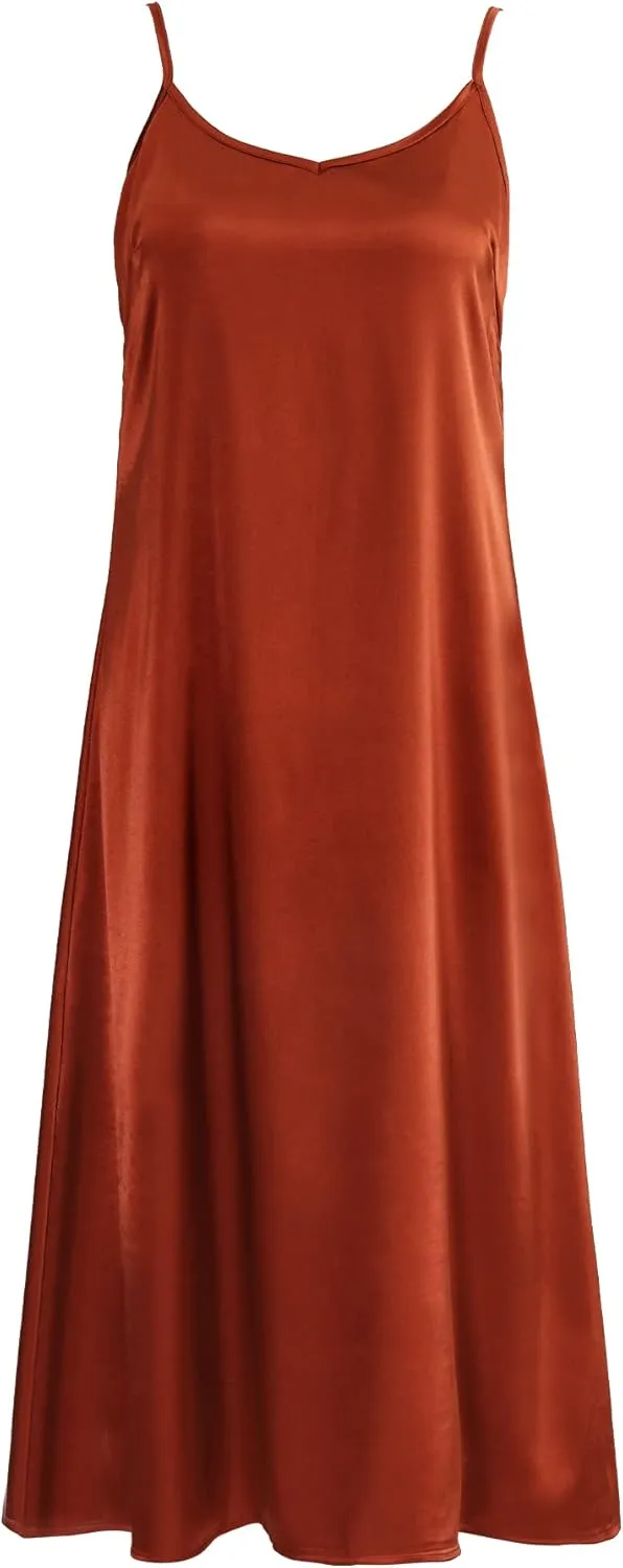Xintianji Women's Basic Satin Silky Full Slip Midi Loose Dress with V-Neck Sexy Cami Adjustable Strap Wear Nightgown Dresses