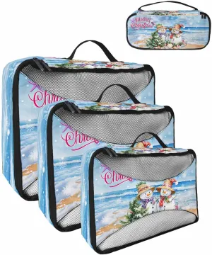 Xmas Snowman Cedar Leaf Berry 4 Set Packing Cubes, Winter Beach Marine Life Snowflake Blue Packing Cubes for Carry on Suitcase Travel Essential Bag for Clothes Shoes Cosmetics Toiletry