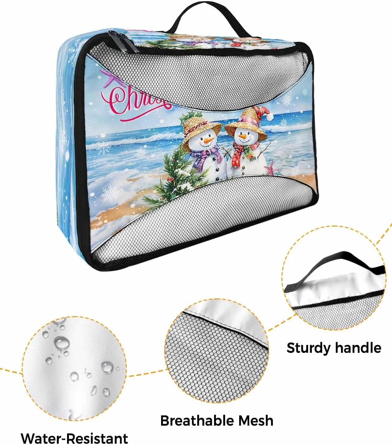 Xmas Snowman Cedar Leaf Berry 4 Set Packing Cubes, Winter Beach Marine Life Snowflake Blue Packing Cubes for Carry on Suitcase Travel Essential Bag for Clothes Shoes Cosmetics Toiletry