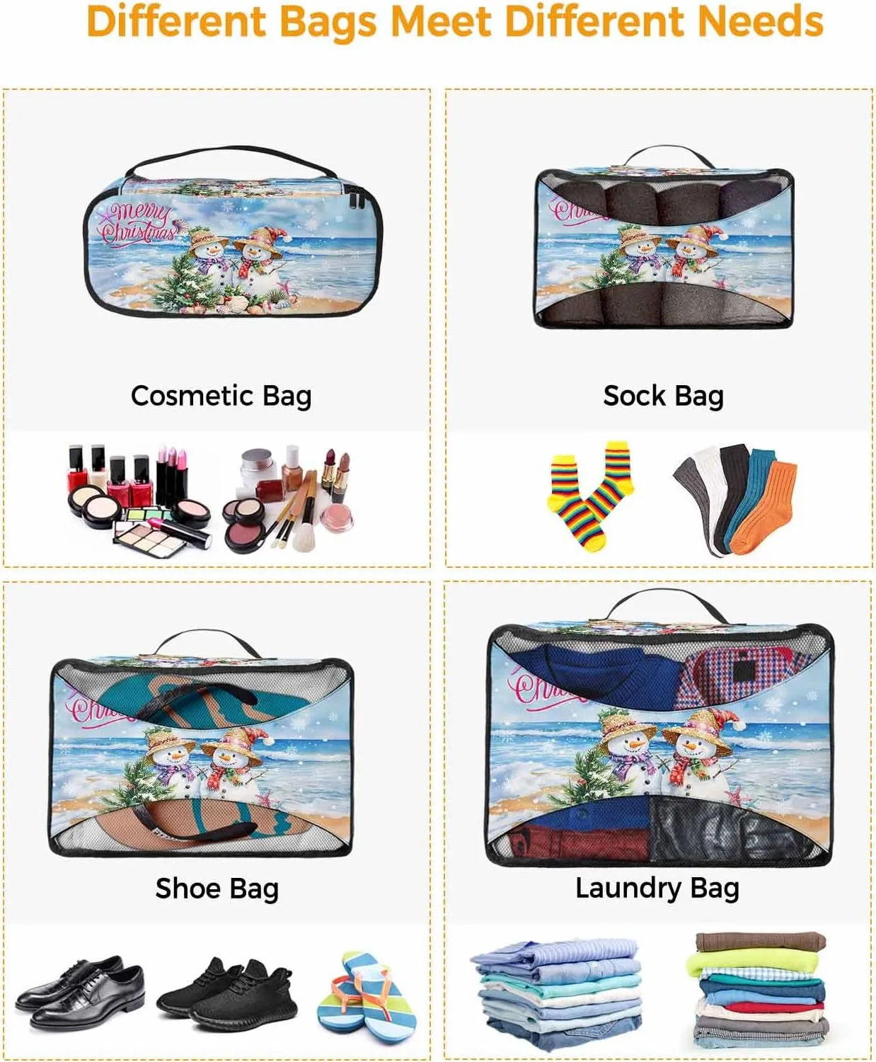 Xmas Snowman Cedar Leaf Berry 4 Set Packing Cubes, Winter Beach Marine Life Snowflake Blue Packing Cubes for Carry on Suitcase Travel Essential Bag for Clothes Shoes Cosmetics Toiletry