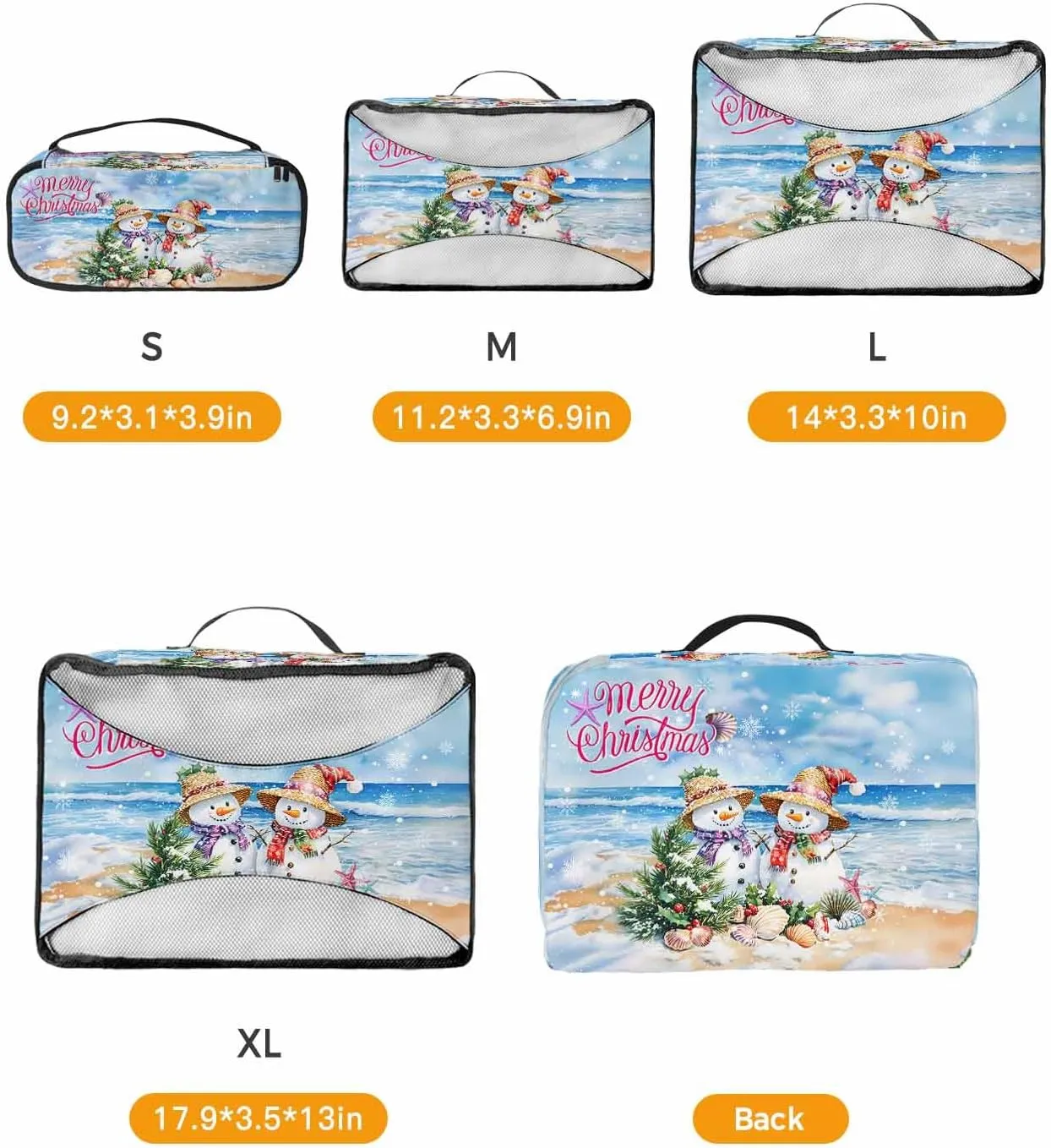 Xmas Snowman Cedar Leaf Berry 4 Set Packing Cubes, Winter Beach Marine Life Snowflake Blue Packing Cubes for Carry on Suitcase Travel Essential Bag for Clothes Shoes Cosmetics Toiletry