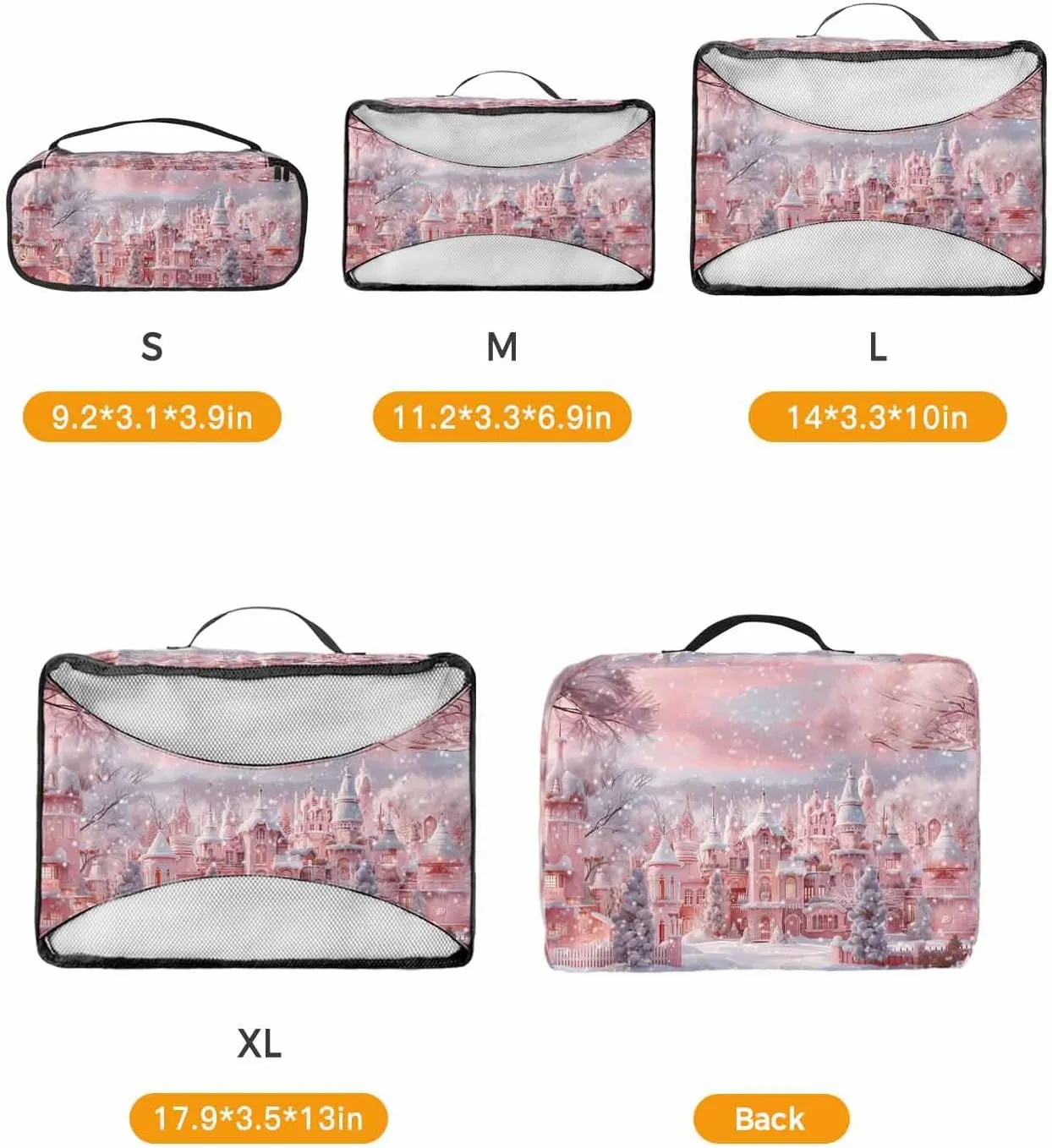 Xmas Winter Peach Town Christmas Tree 4 Set Packing Cubes, Winter Snow Scenery Pastoral Packing Cubes for Carry on Suitcase Travel Essential Bag for Clothes Shoes Cosmetics Toiletry