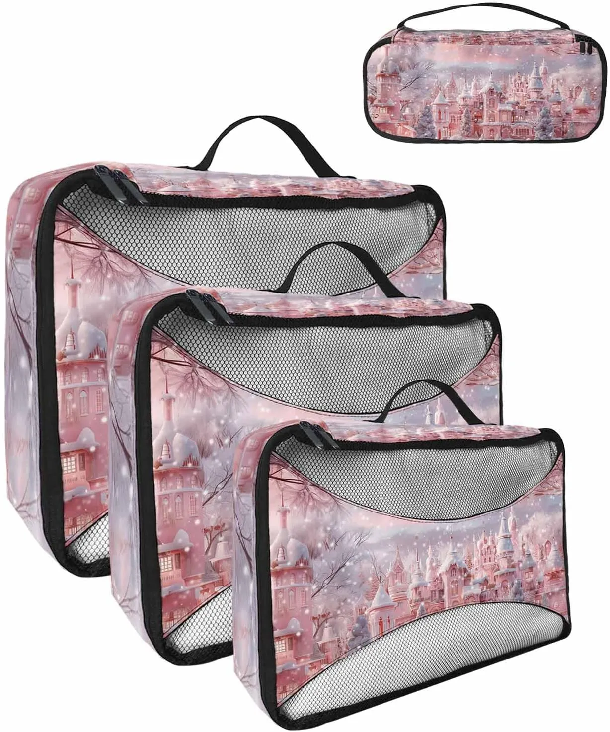 Xmas Winter Peach Town Christmas Tree 4 Set Packing Cubes, Winter Snow Scenery Pastoral Packing Cubes for Carry on Suitcase Travel Essential Bag for Clothes Shoes Cosmetics Toiletry