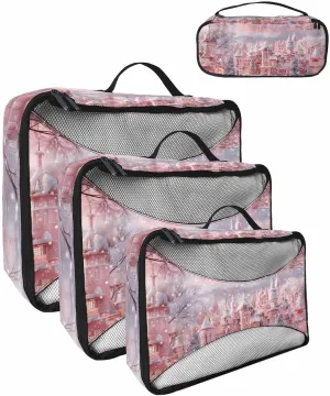 Xmas Winter Peach Town Christmas Tree 4 Set Packing Cubes, Winter Snow Scenery Pastoral Packing Cubes for Carry on Suitcase Travel Essential Bag for Clothes Shoes Cosmetics Toiletry