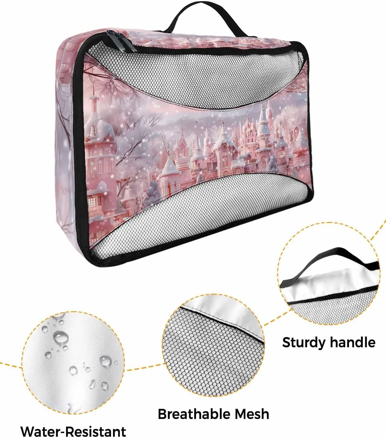 Xmas Winter Peach Town Christmas Tree 4 Set Packing Cubes, Winter Snow Scenery Pastoral Packing Cubes for Carry on Suitcase Travel Essential Bag for Clothes Shoes Cosmetics Toiletry