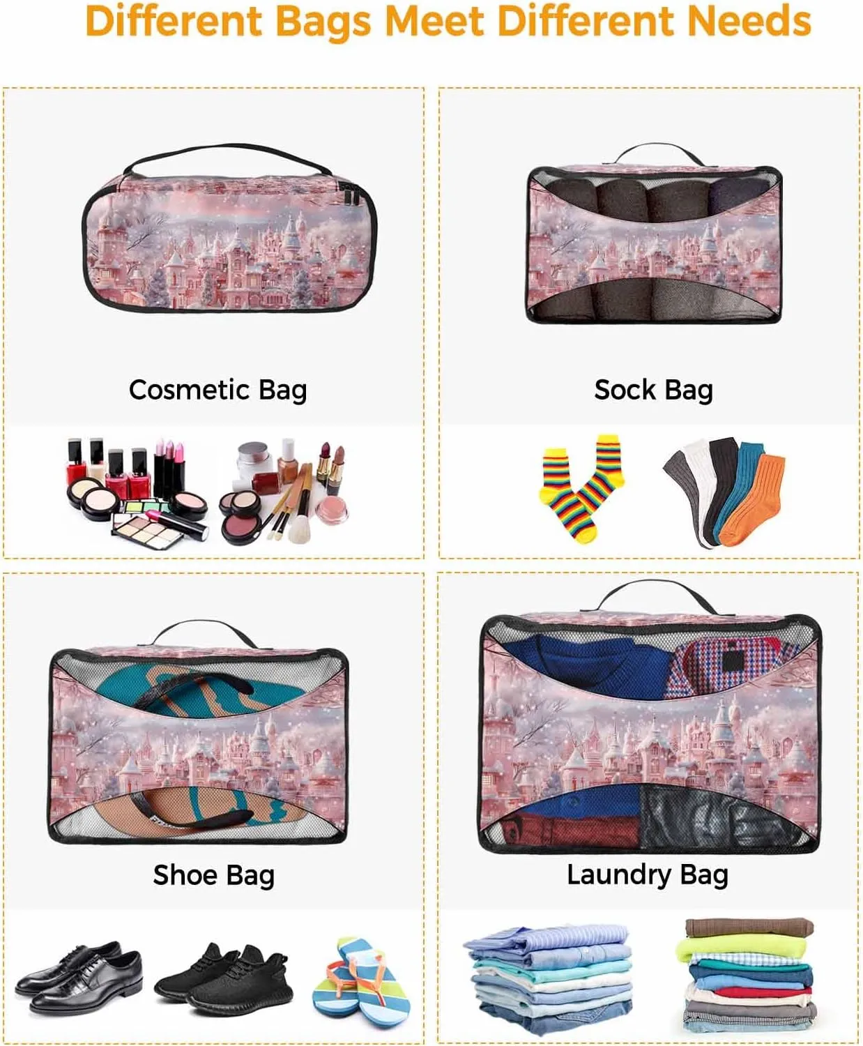 Xmas Winter Peach Town Christmas Tree 4 Set Packing Cubes, Winter Snow Scenery Pastoral Packing Cubes for Carry on Suitcase Travel Essential Bag for Clothes Shoes Cosmetics Toiletry