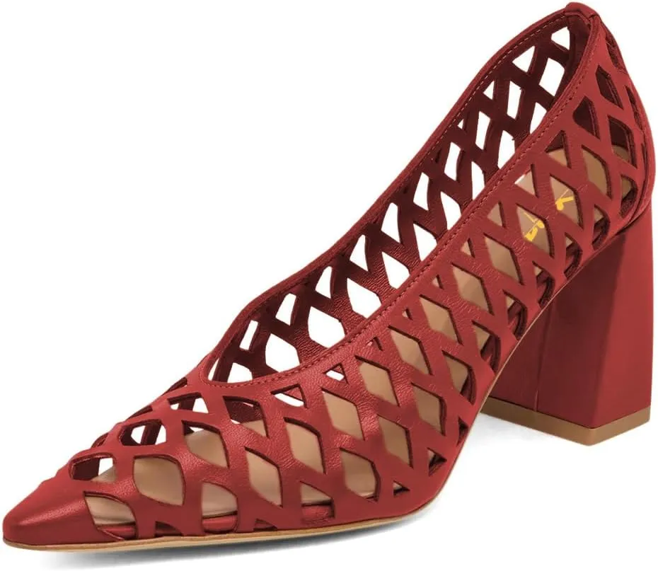 XYD Women Chunky Heels Pointed Toe Woven Pumps Slip-on Cutout Chic Office Formal Spring Summer Shoes
