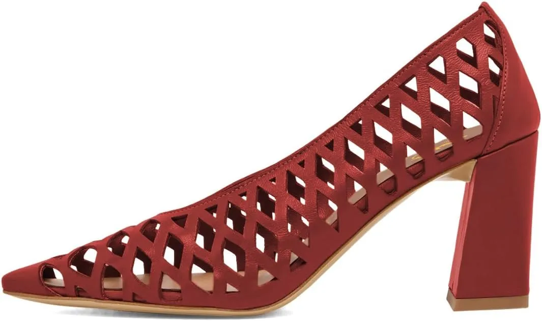 XYD Women Chunky Heels Pointed Toe Woven Pumps Slip-on Cutout Chic Office Formal Spring Summer Shoes