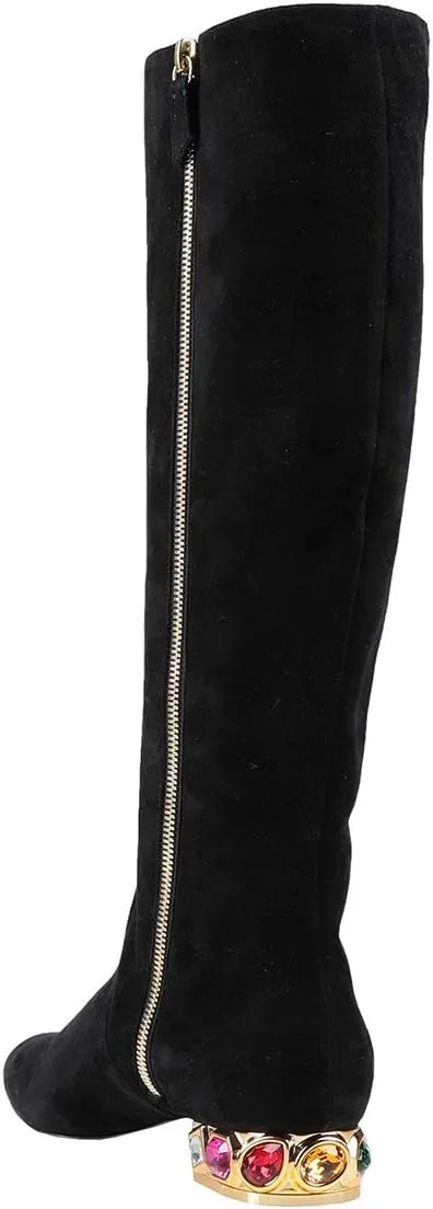 XYD Women Classic Knee High Boots, Rhinestone Heel, Side Zip Up, Almond Toe, Winter Walking Shoes, Wide Calf