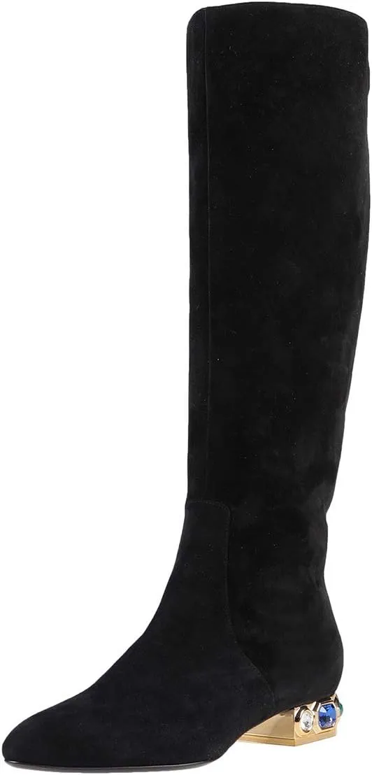 XYD Women Classic Knee High Boots, Rhinestone Heel, Side Zip Up, Almond Toe, Winter Walking Shoes, Wide Calf