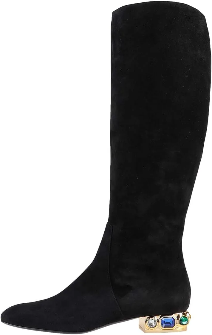XYD Women Classic Knee High Boots, Rhinestone Heel, Side Zip Up, Almond Toe, Winter Walking Shoes, Wide Calf