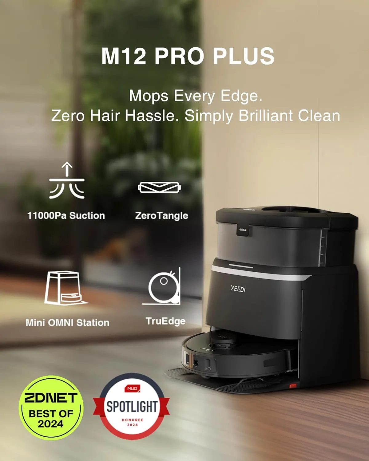 Yeedi M12 PRO  Robot Vacuum and Mop, 11000Pa Strong Suction, ZeroTangle Technology, TruEdge Deep Mopping, Auto Mop Washing/Drying, Auto-Lift Mopping, Mini Omni Station, Black