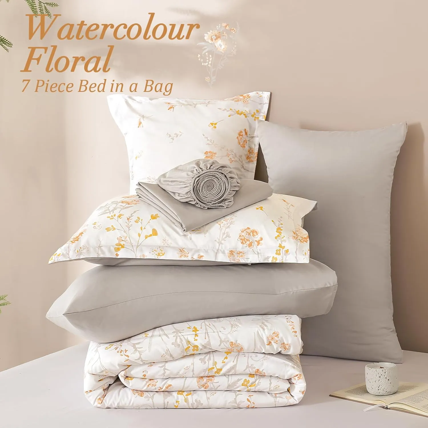 Yiran Grey Floral Comforter Set Queen Size, 7 Piece Cute Watercolour Comforter Bedding Set, Bed in a Bag Queen, Soft Microfiber Complete Bedding Set with Sheets for All Season